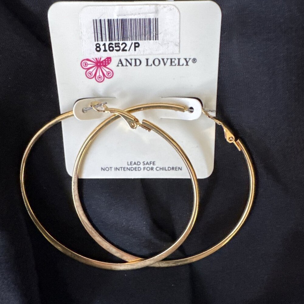 Lovely Big 2.5" Gold Thin Flat Hoop Earrings NEW - Picture 2 of 7